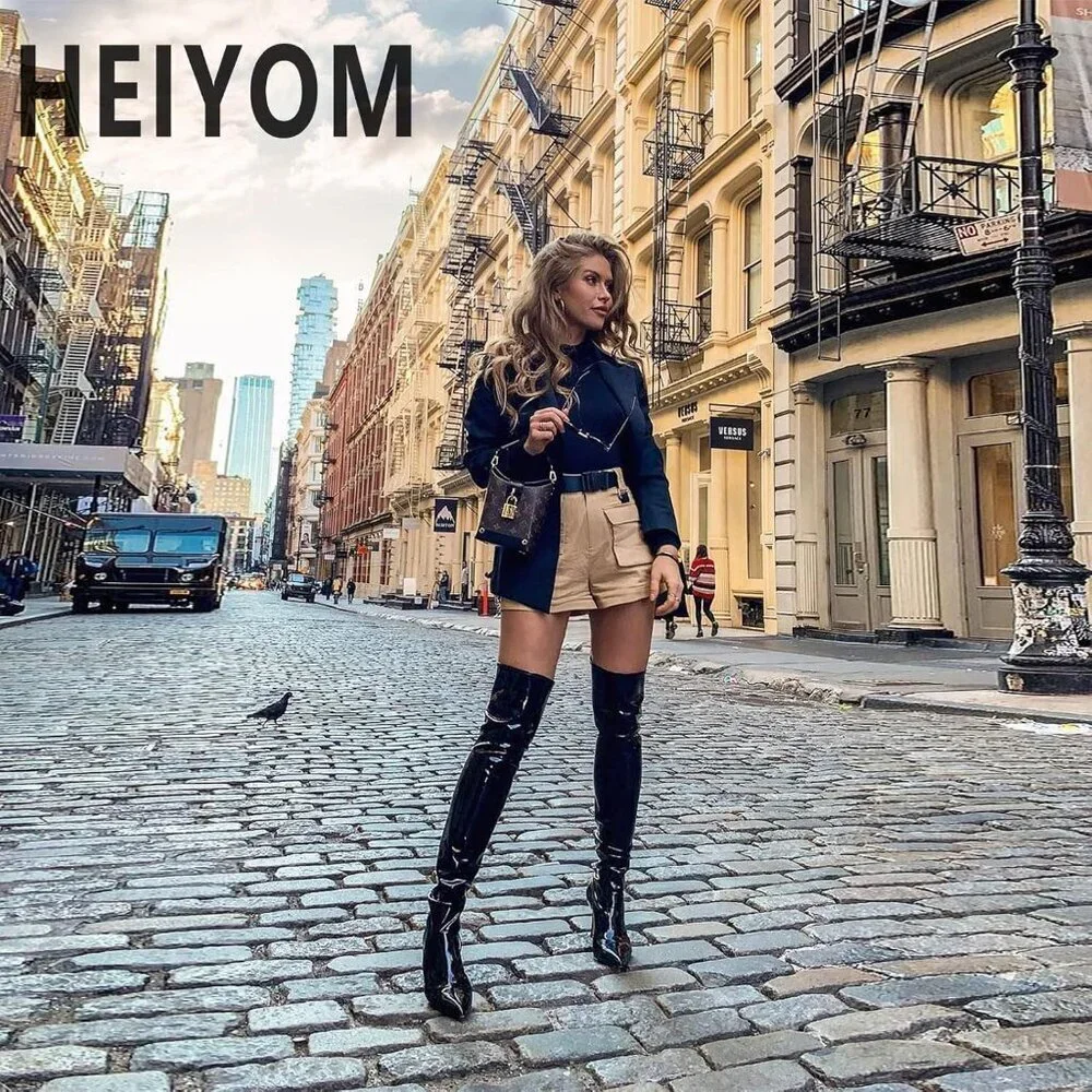 Women Black Pu Leather Pointed Toe Zipper Over The Knee Thigh High Long Boots
